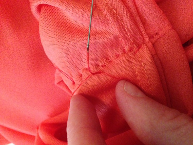 Refashioned Coral Dress - make loop with thread near fabric 5