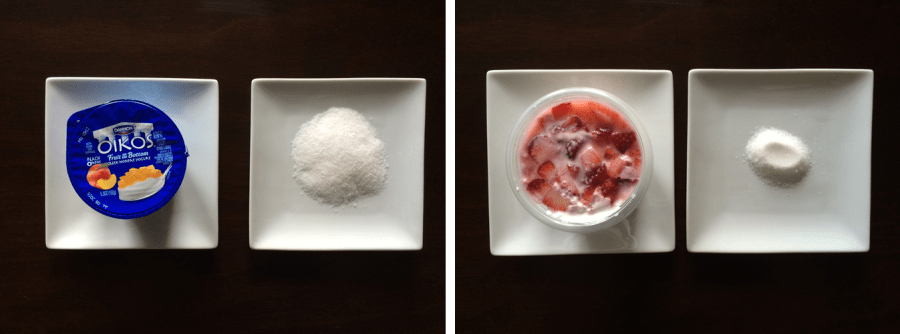 Dannon Oiko's Fruit on the Bottom Peach Non-Fat Greek Yogurt and Chobani Plain Non-Fat Greek Yogurt with Fresh Cut Strawberries 